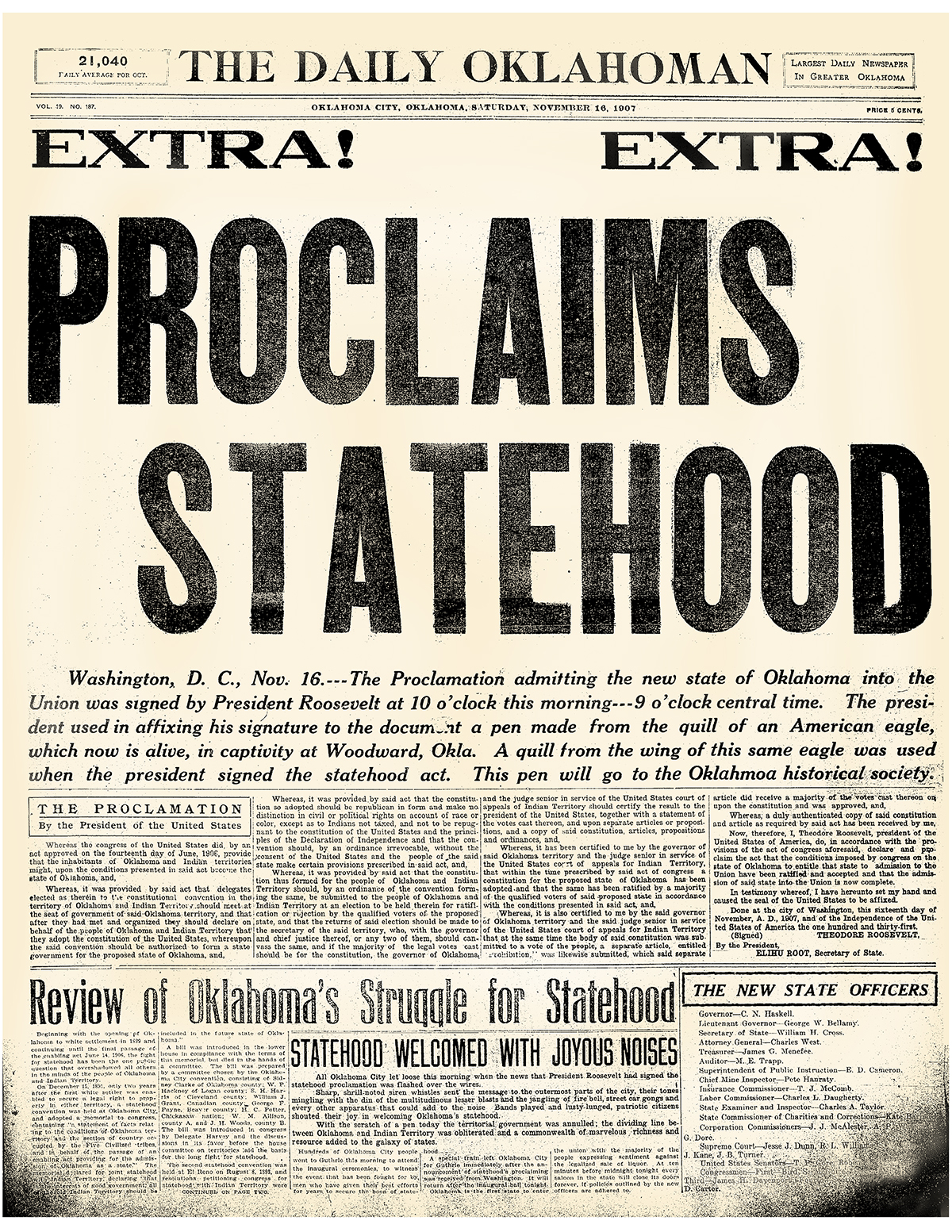 Copy of fig 6.6 Proclaims Statehood headline The Daily Oklahoman1907 OHS copy